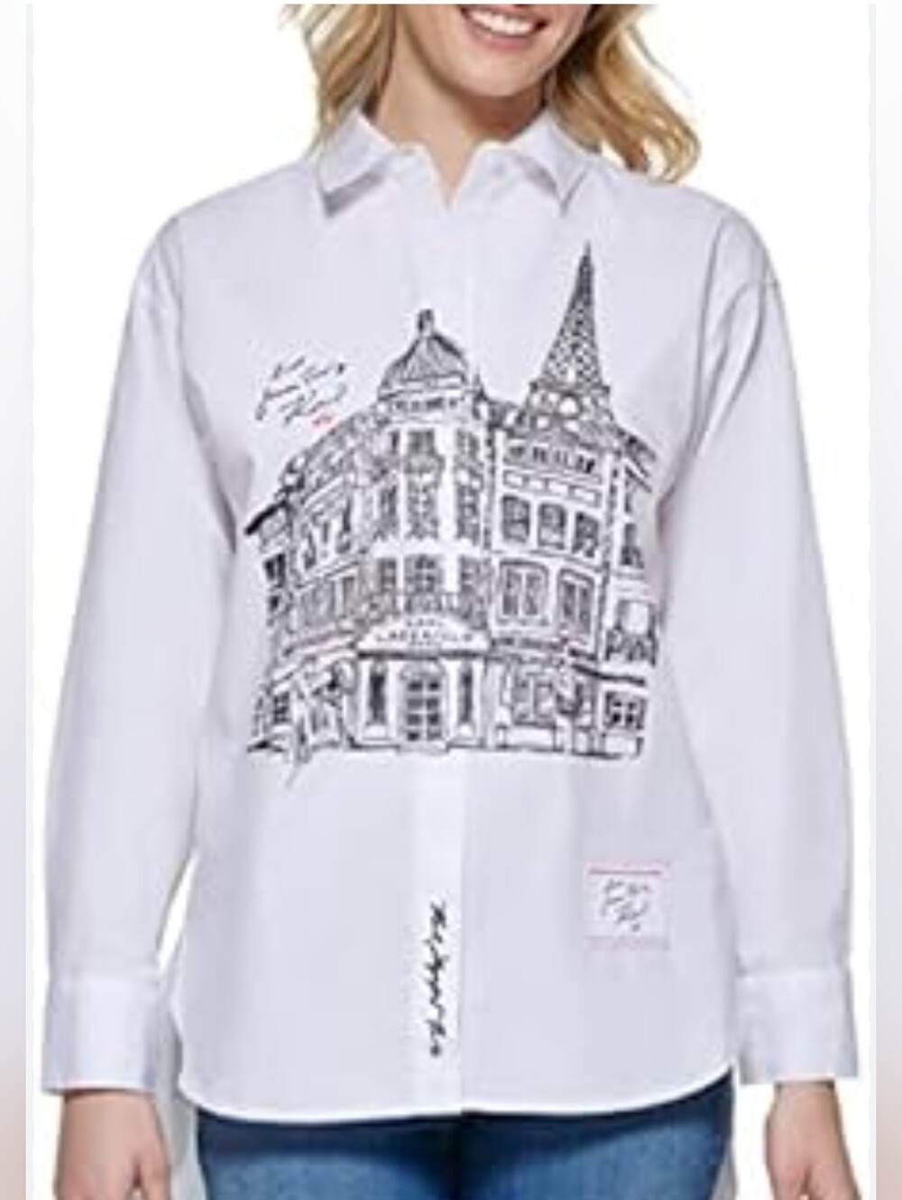 Karl Lagerfeld White Button-Down Shirt with Black Paris Illustration